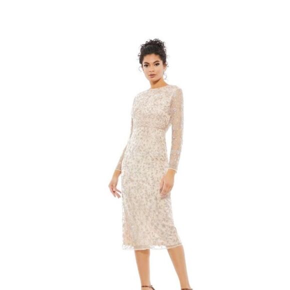 Mac Duggal 10812 Porcelain Beaded Tea Length Dress Sheer Sleeves 6 NWT - Picture 9 of 12